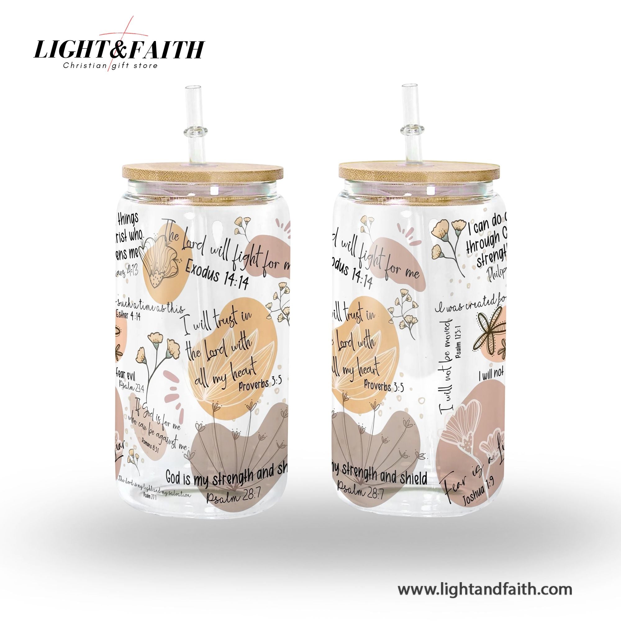 Christian Clear Glass Can with Bamboo Lid and Straw, Bible Verse Floral Cup, Scripture Iced Coffee Tumbler, Faith Gift for Women GCLAF33